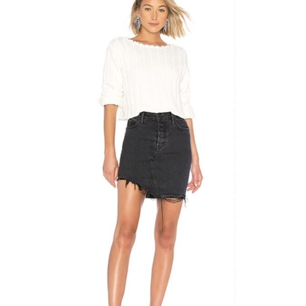 GRLFRND | dark gray wash distressed asymmetrical Rhoda denim jean mini skirt